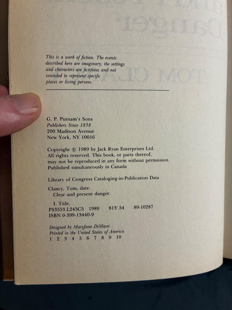 Clear and Present Danger by Tom Clancy 1989 First Edition First Printing Fine/Near Fine image 3