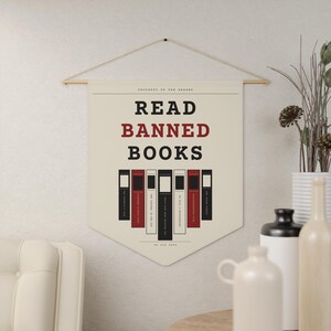 Read Banned Books Pennant, Library Wall Banner, Book Lover Decor, Polyester Twill (18" x 21") Cream Background - Black/Red Text / 18" × 21"