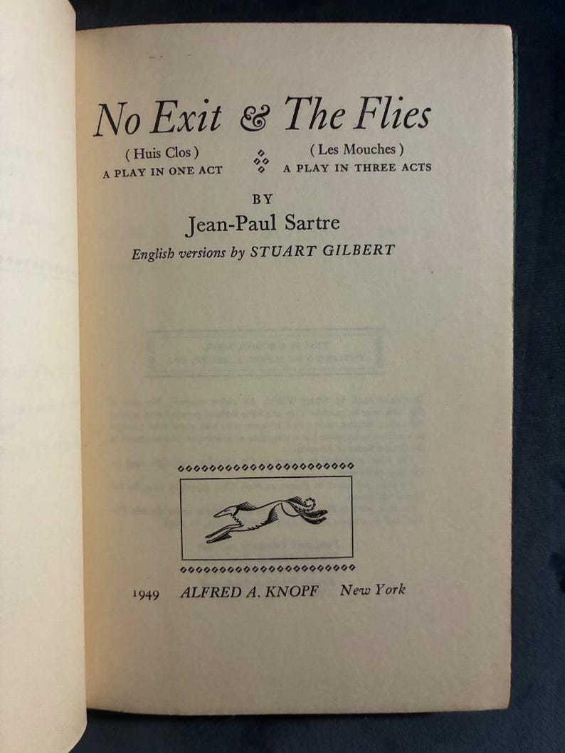 Geen uitweg en de vliegen van Jean-Paul Sartre (vert. Stuart Gilbert) 1949 Eerste editie 5e druk Zeer goede staat afbeelding 5