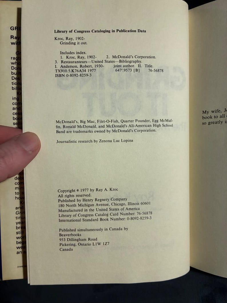 Grinding It Out: The Making of McDonald's by Ray Kroc with Robert Anderson 1977 First Edition First Printing Near Fine/Near Fine image 3