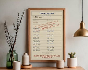 1984 Banned Book Digital Poster | George Orwell Library Card Print | Dystopian Literature Art