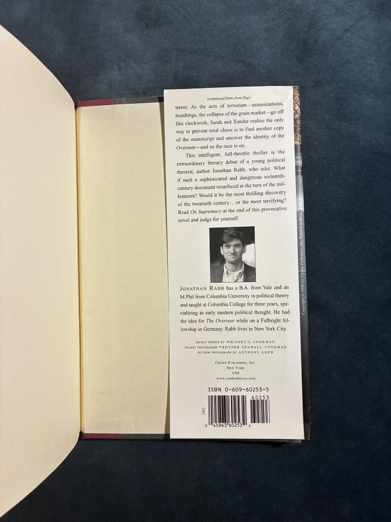 The Overseer by Jonathan Rabb 1998 First Edition First Printing Near Fine/Near Fine image 5