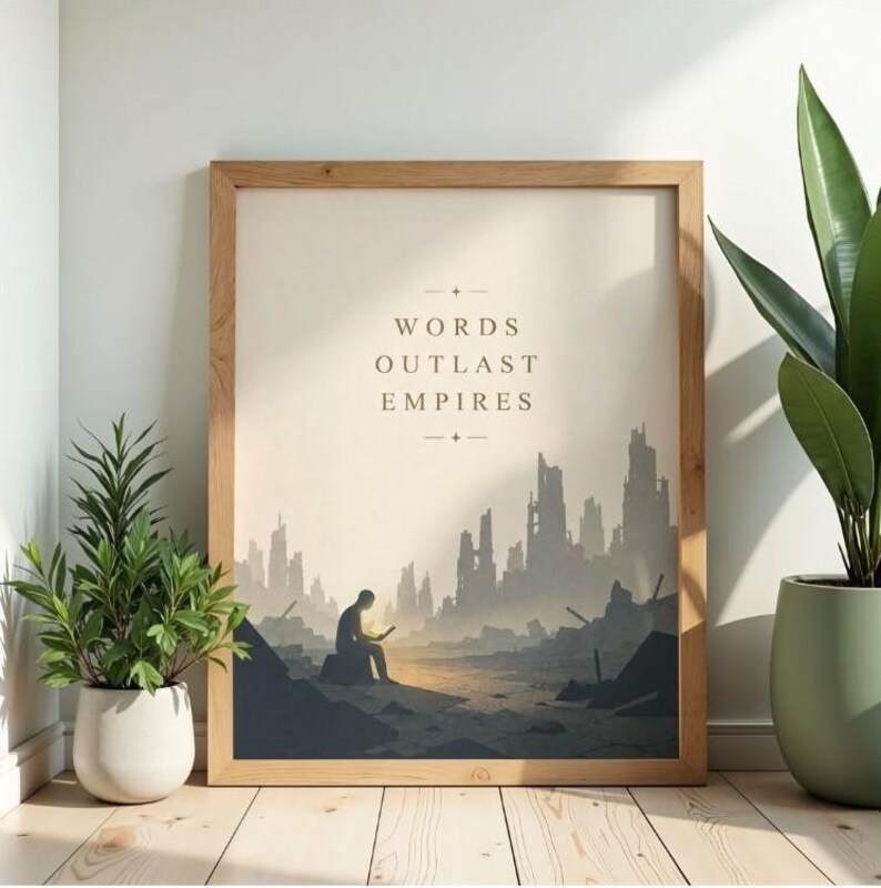 May include: A framed wall art print featuring a silhouette of a person sitting and reading in a desolate, ruined landscape. The text "WORDS OUTLAST EMPIRES" is centered at the top in a serif font. The color palette includes beige, gray, and black.