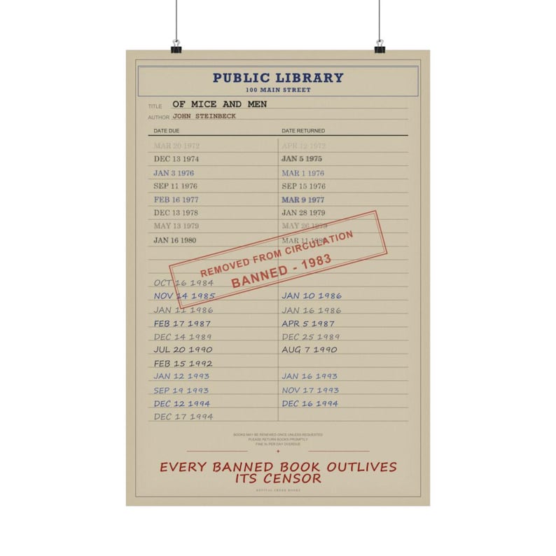 Of Mice and Men Banned Book Poster | John Steinbeck Library Card Print | American Literature Print immagine 5