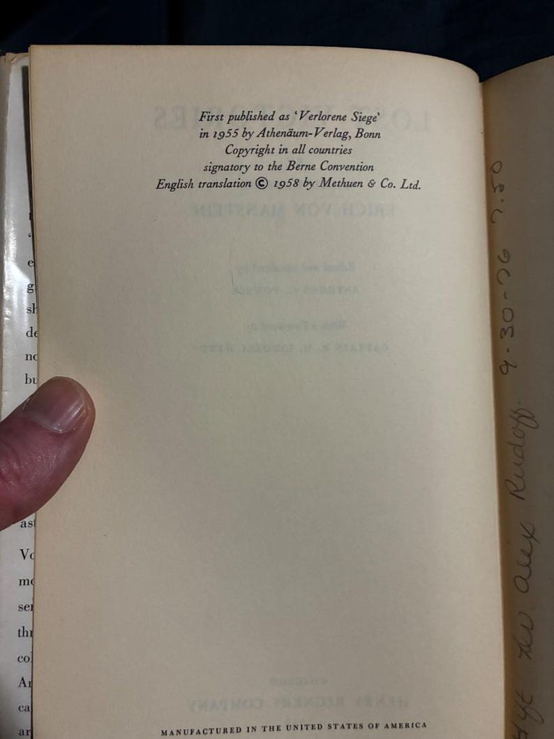 Lost Victories by Field-Marshal Erich von Manstein First Edition First Printing Near Fine/Very Good Hardcover image 5