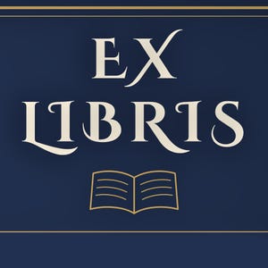 May include: A dark navy blue rectangular graphic featuring the text EX LIBRIS in a cream-colored serif font. Below the text is a simple, thin-lined outline of an open book in a matching cream color. The entire design is framed by thin horizontal lines.
