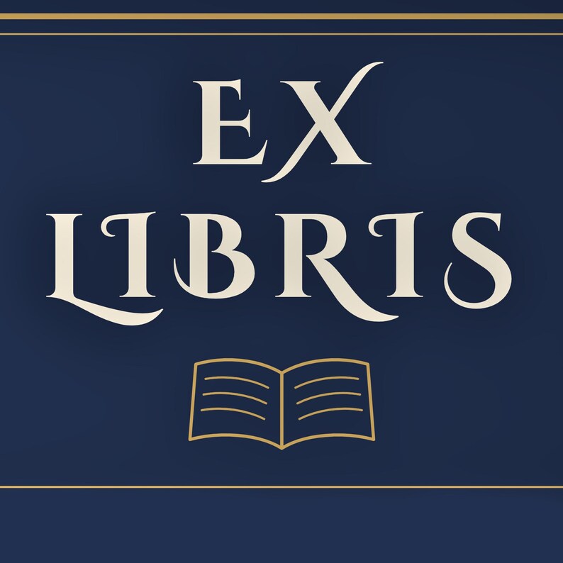 May include: A dark navy blue rectangular graphic featuring the text EX LIBRIS in a cream-colored serif font. Below the text is a simple, thin-lined outline of an open book in a matching cream color. The entire design is framed by thin horizontal lines.