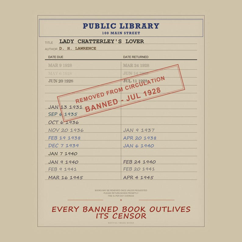 Digitales Poster zu „Lady Chatterleys Liebhaber“ (verbotenes Buch) | Druck für die Bibliothekskarte von D. H. Lawrence | Druck zur Geschichte der Zensur Bild 5