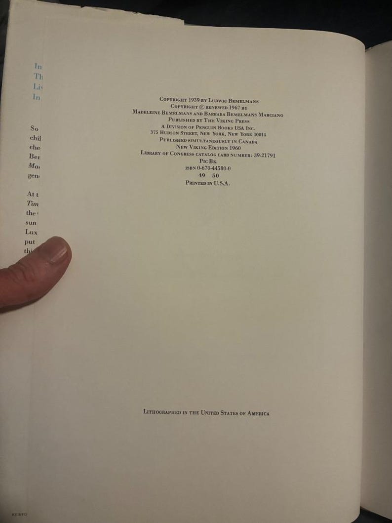 Madeline de Ludwig Bemelmans, édition Viking de 1960, 49e tirage, état proche du neuf/très bon image 6