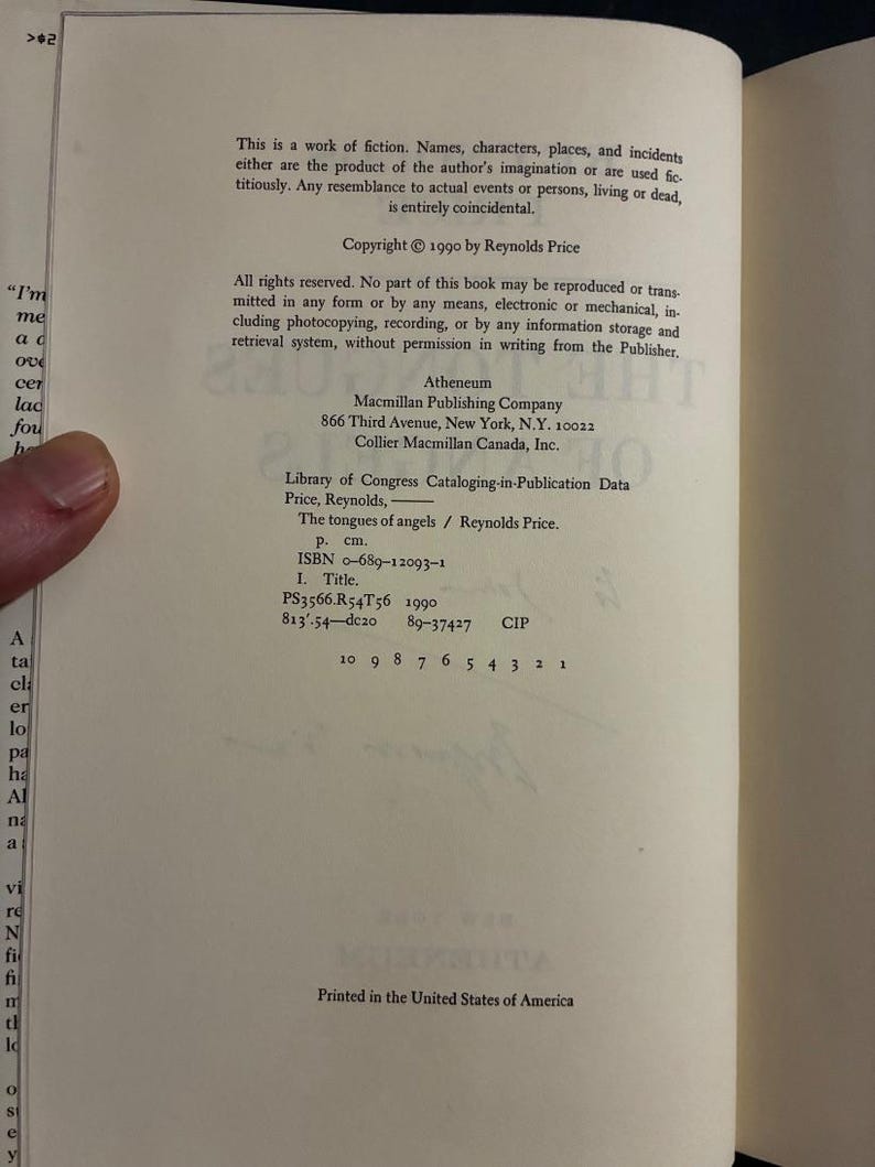 Änglarnas tungor av Reynolds Price Signerad 1990 Första upplagan Första trycket Nära fin HCDJ bild 4