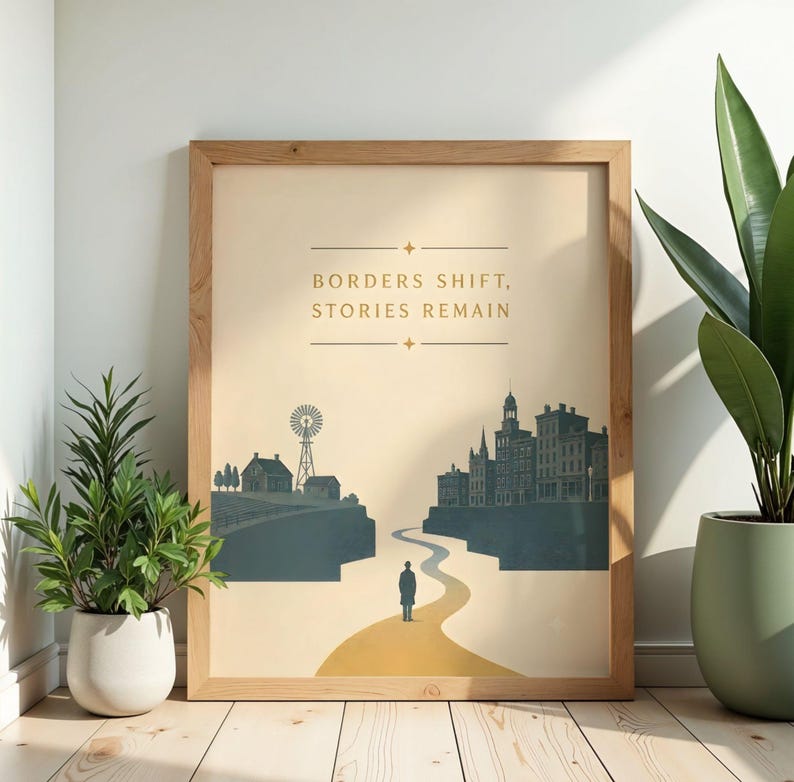 May include: A framed wall art print featuring a beige background with the text BORDERS SHIFT, STORIES REMAIN. The illustration depicts a lone figure standing on a path between a rural landscape with a windmill and a dense city skyline in dark blue.