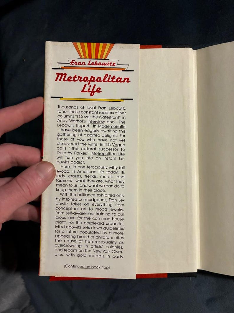 Metropolitan Life von Fran Lebowitz, Erstausgabe, nahezu neuwertig Bild 2