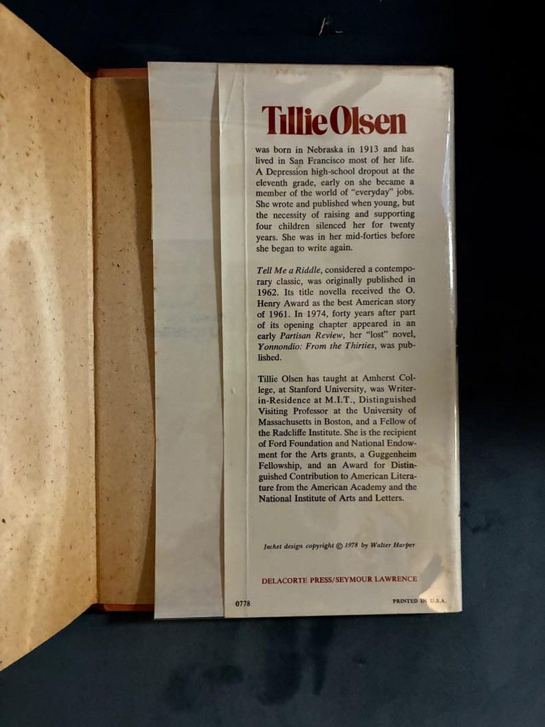 Silences di Tillie Olsen, 1978, Prima edizione, Prima stampa, Quasi perfetto/Ottimo, Copertina rigida immagine 4