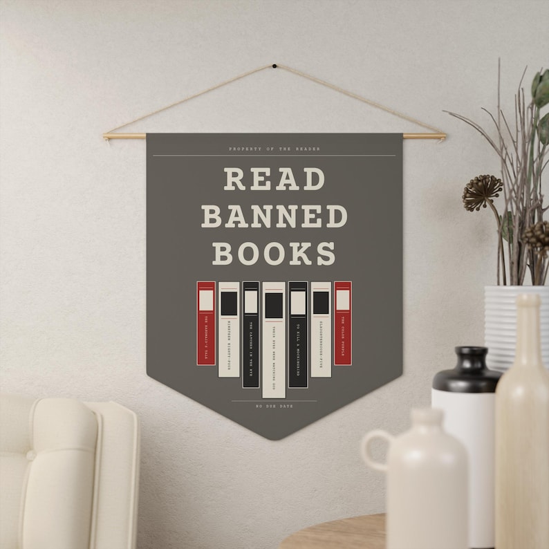 Read Banned Books Pennant, Library Wall Banner, Book Lover Decor, Polyester Twill (18" x 21") Stone Background - Cream Text / 18" × 21"
