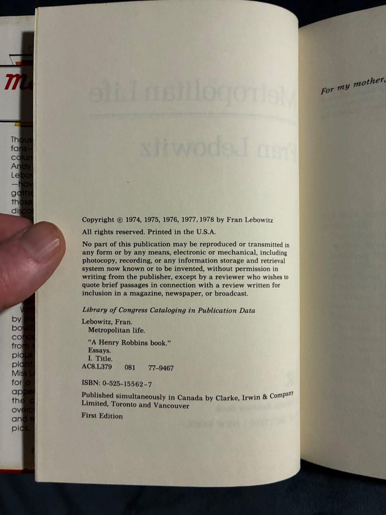 Metropolitan Life von Fran Lebowitz, Erstausgabe, nahezu neuwertig Bild 3