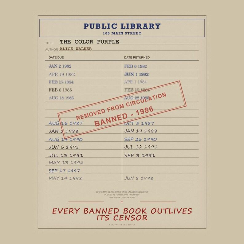 The Color Purple Banned Book Poster | Alice Walker Library Card Print | Black Literature Wall Art image 6