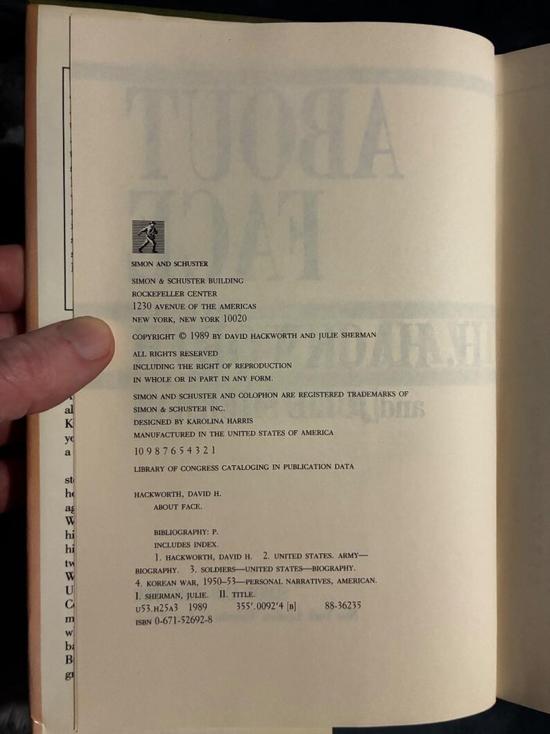 About Face: De odyssee van een Amerikaanse krijger door David Hackworth, eerste editie, eerste druk, 1989 afbeelding 3
