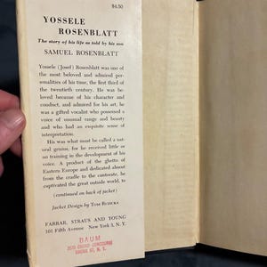 Yossele Rosenblatt Biography: First Edition 1954 Hardcover (Very Good/Good) image 2