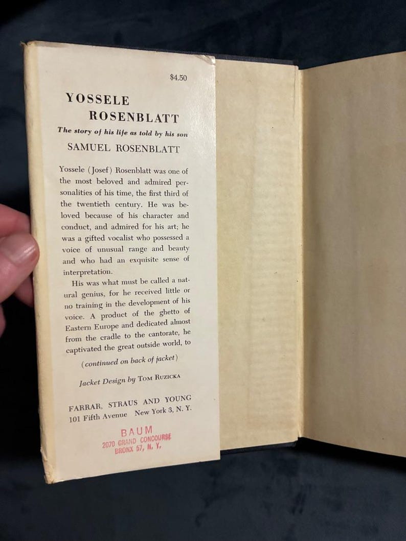 Yossele Rosenblatt Biography: First Edition 1954 Hardcover (Very Good/Good) image 2