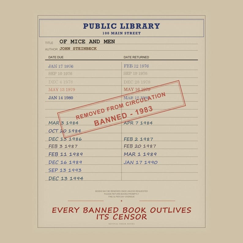 Print van een bibliotheekpas uit Of Mice and Men | Kunst uit een verboden boek (digitale download) afbeelding 5