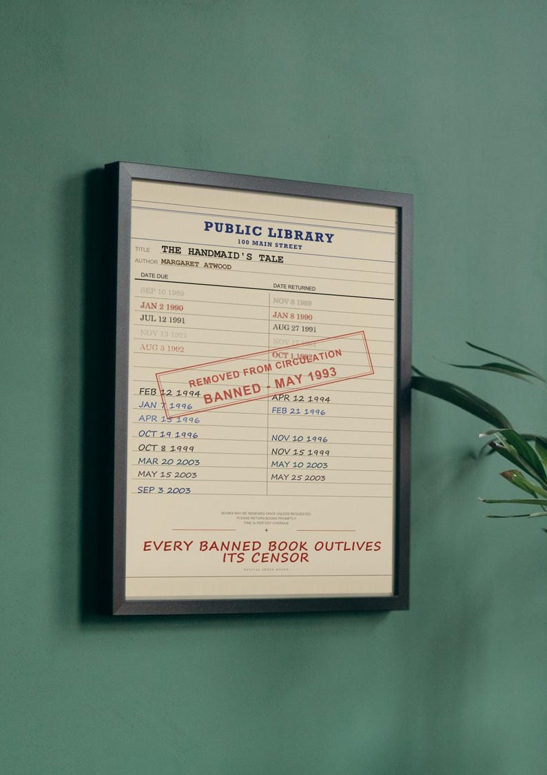 The Handmaid's Tale Banned Book Poster | Margaret Atwood Library Card Print | Feminist Literature Art image 1