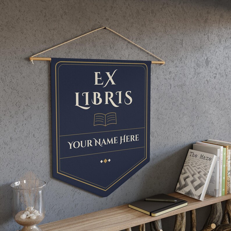 Customizable Bookplate Pennant | Ex Libris Navy Personalized Library Banner image 1