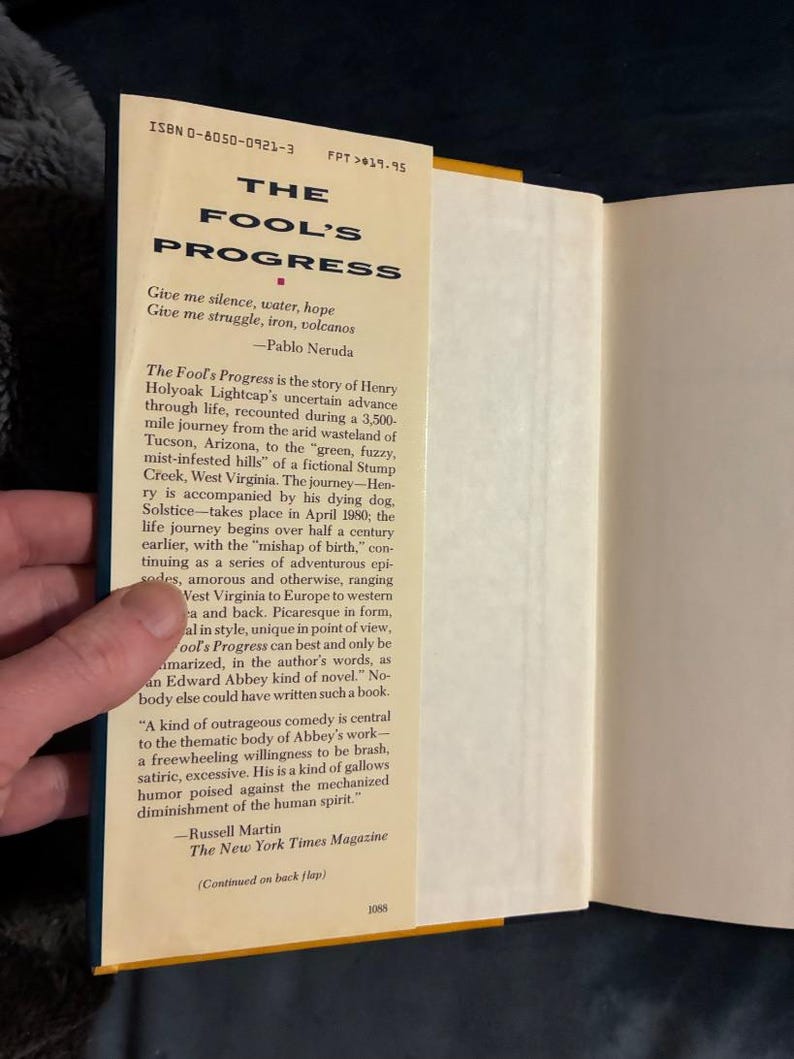 The Fool's Progress di Edward Abbey 1988 Prima edizione Prima stampa Quasi perfetto/Quasi perfetto immagine 2