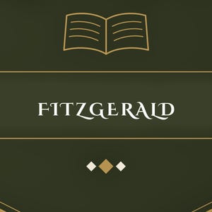 Peut inclure: Un design graphique vert olive fonc&eacute; pr&eacute;sentant une ic&ocirc;ne de livre ouvert aux contours dor&eacute;s en haut, le texte blanc "FITZGERALD" centr&eacute; dans une police serif, et trois petits losanges dor&eacute;s et blancs positionn&eacute;s sous le texte.