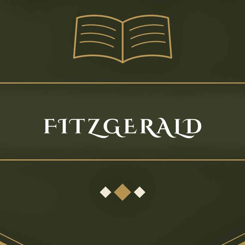 Peut inclure: Un design graphique vert olive fonc&eacute; pr&eacute;sentant une ic&ocirc;ne de livre ouvert aux contours dor&eacute;s en haut, le texte blanc "FITZGERALD" centr&eacute; dans une police serif, et trois petits losanges dor&eacute;s et blancs positionn&eacute;s sous le texte.