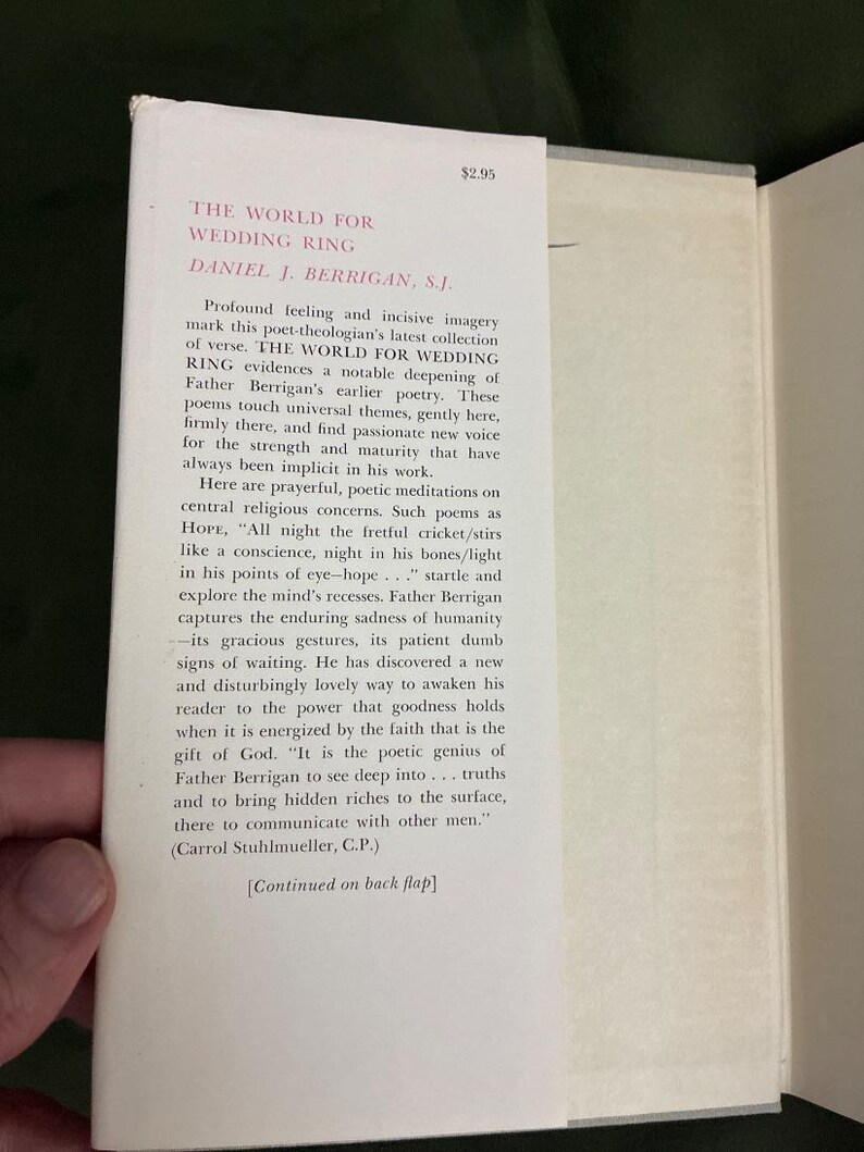 Signed First Edition The World for Wedding Ring by Daniel Berrigan Hardcover Poems image 3