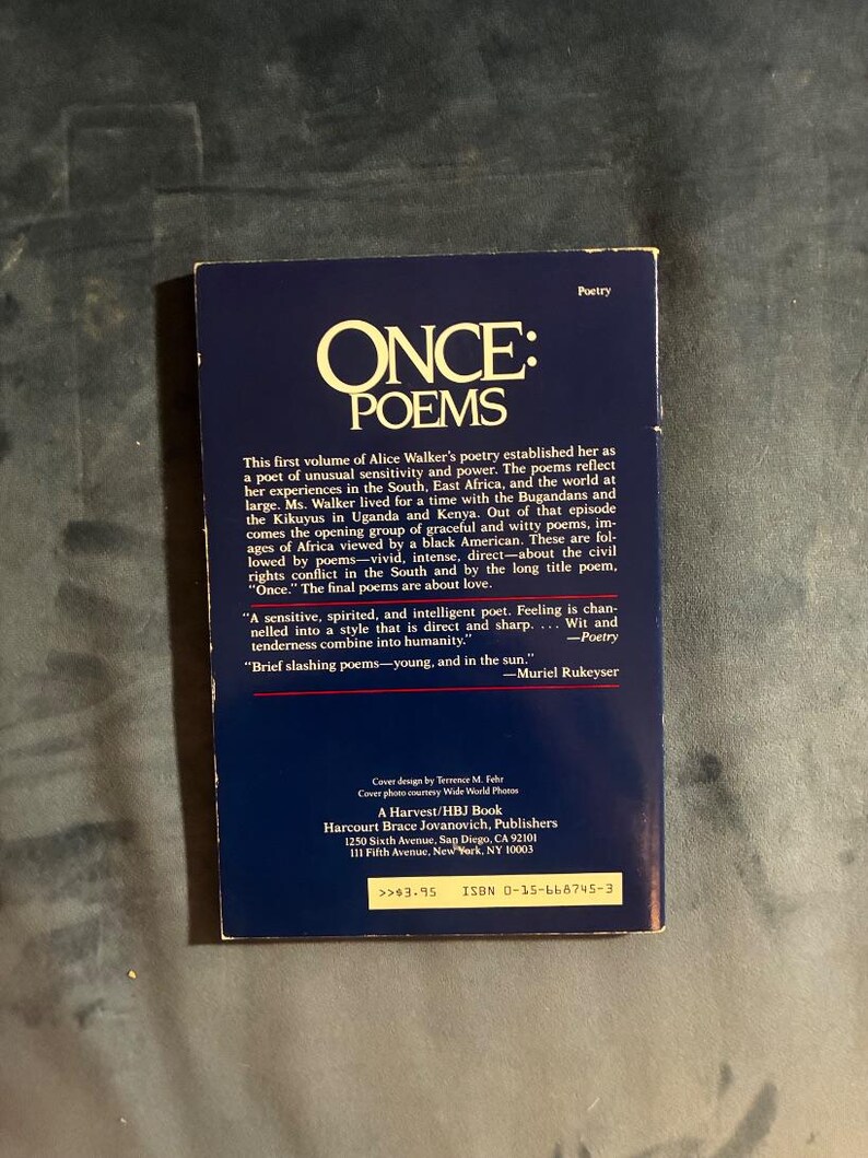 Once: Poems by Alice Walker HBJ Edition 6th Printing Very Good image 2