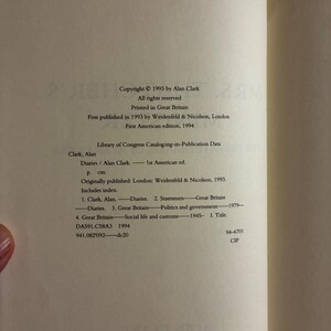 Mrs. Thatcher's Minister: The Private Diaries of Alan Clark 1994 First Edition First Printing Near Fine/Very Good image 6