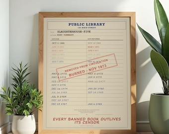 Póster digital del libro prohibido Matadero Cinco / Lámina con la imagen de la biblioteca de Kurt Vonnegut / Arte de la literatura antibelicista