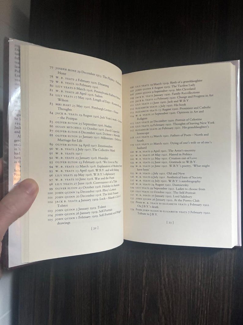 May include: An open book with cream-colored pages displaying a detailed index or list of entries. The text includes names like W.B. Yeats, Lily Yeats, and John Quinn, alongside specific dates and titles of various literary or historical topics.