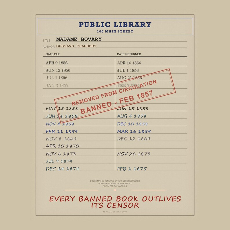 Madame Bovary Banned Book Digital Poster | Gustave Flaubert Library Card Print | French Literature Art image 5