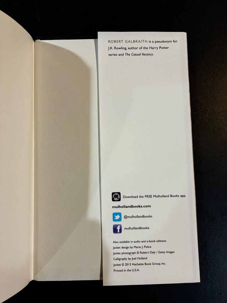 The Cuckoo's Calling by Robert Galbraith 2013 First Edition Third Printing Fine/Fine Hardcover image 4