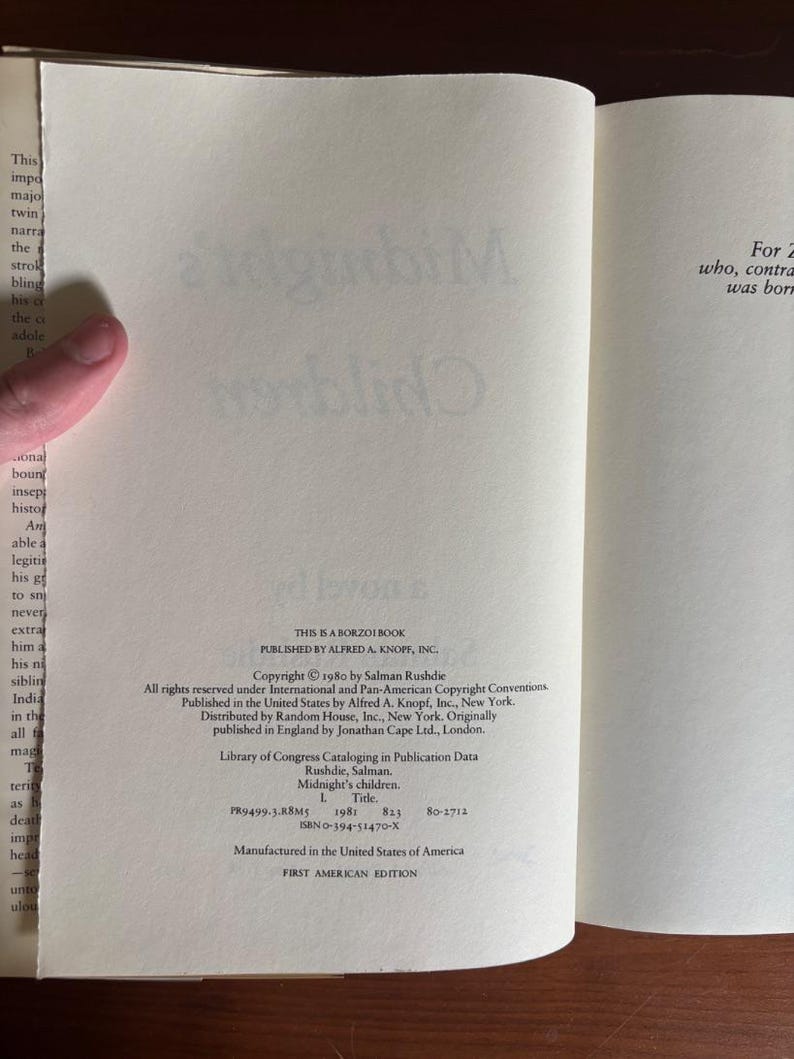 Mitternachtskinder von Salman Rushdie, 1. US-Ausgabe, 1. Druck – Mylar-Hülle mit Sammelkarten Bild 4