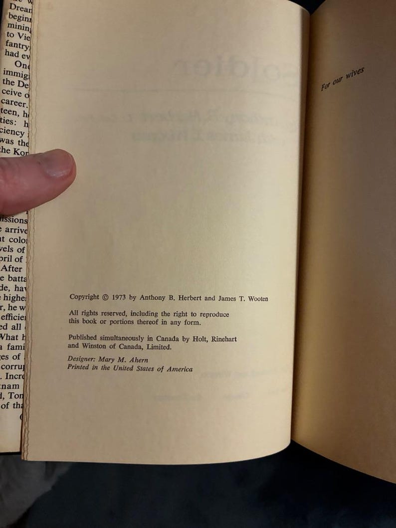 Soldier by Anthony B. Herbert, Lt. Col., Ret. with James T. Wooten 1973 Holt, Rinehart and Winston Edition Very Good/Good image 3