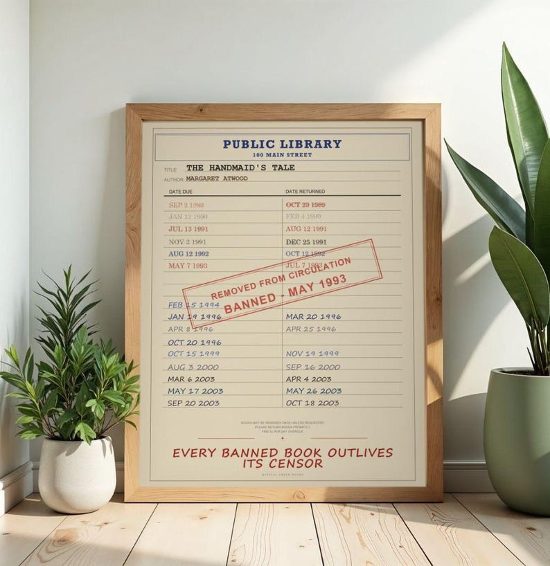 The Handmaid's Tale Banned Book Digital Poster | Margaret Atwood Library Card Print | Feminist Literature Art image 2