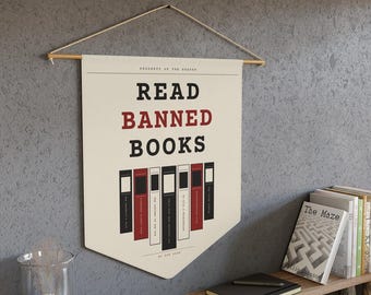 Vimpel för att läsa förbjudna böcker, väggbanderoll för bibliotek, dekor för bokälskare, polyestertwill (45 x 51 cm)