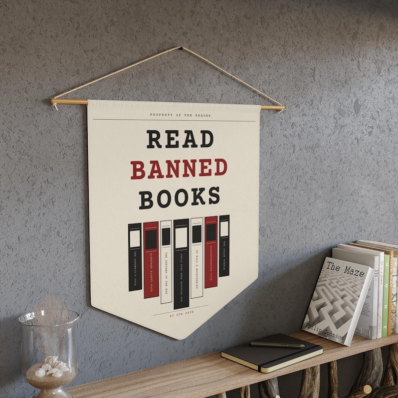 Read Banned Books Pennant, Library Wall Banner, Book Lover Decor, Polyester Twill (18" x 21") image 1