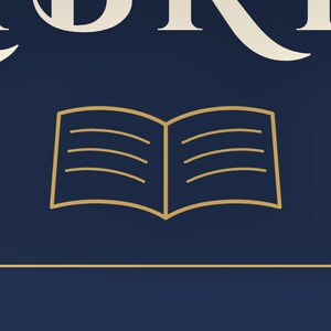 May include: A dark blue graphic design featuring a gold outline of an open book with horizontal lines representing text on the pages. The partial white text at the top reads "BR". A thin horizontal gold line is positioned below the book icon.