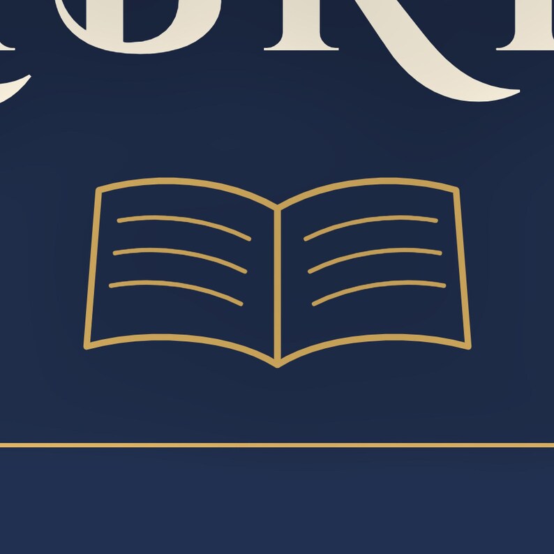 May include: A dark blue graphic design featuring a gold outline of an open book with horizontal lines representing text on the pages. The partial white text at the top reads "BR". A thin horizontal gold line is positioned below the book icon.