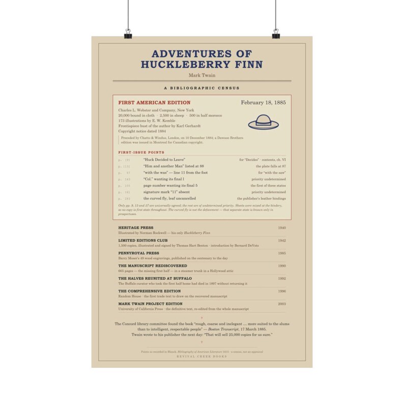 Adventures of Huckleberry Finn - Mark Twain First Edition Census Poster, Book Lover Gift image 5
