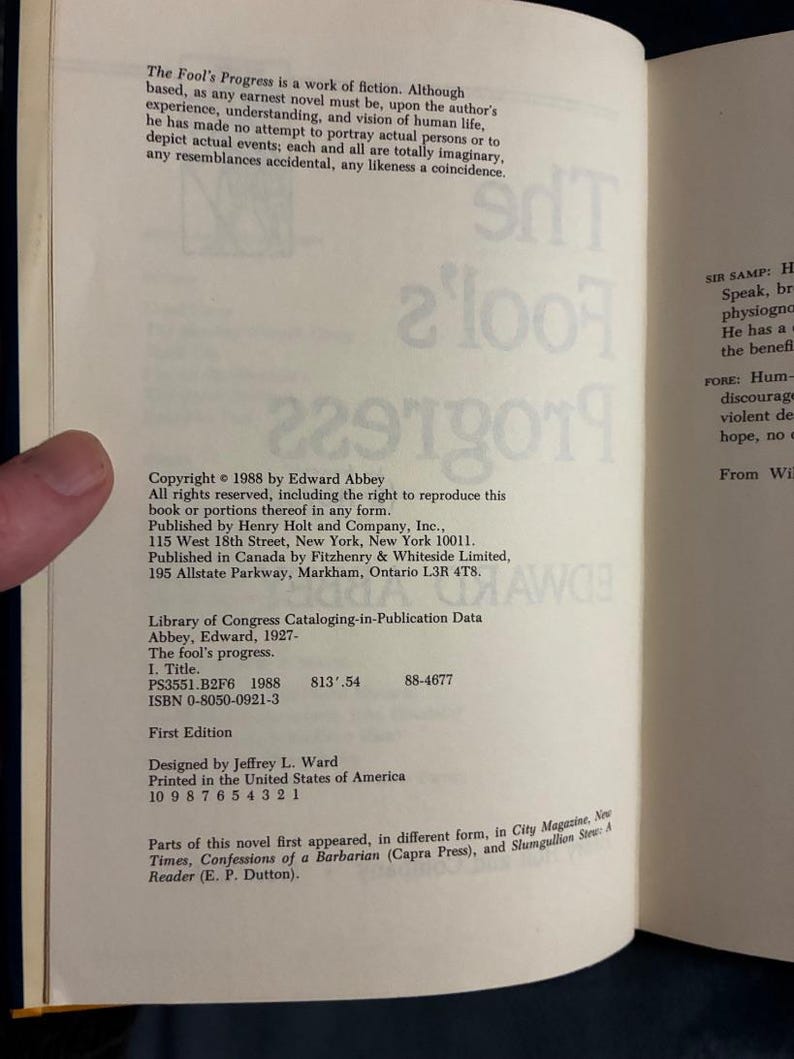 The Fool's Progress di Edward Abbey 1988 Prima edizione Prima stampa Quasi perfetto/Quasi perfetto immagine 5