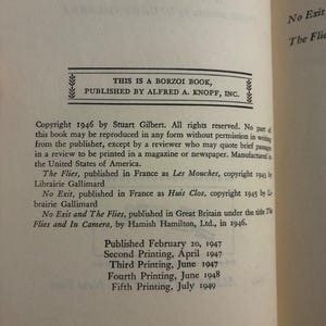 Geen uitweg en de vliegen van Jean-Paul Sartre (vert. Stuart Gilbert) 1949 Eerste editie 5e druk Zeer goede staat afbeelding 6