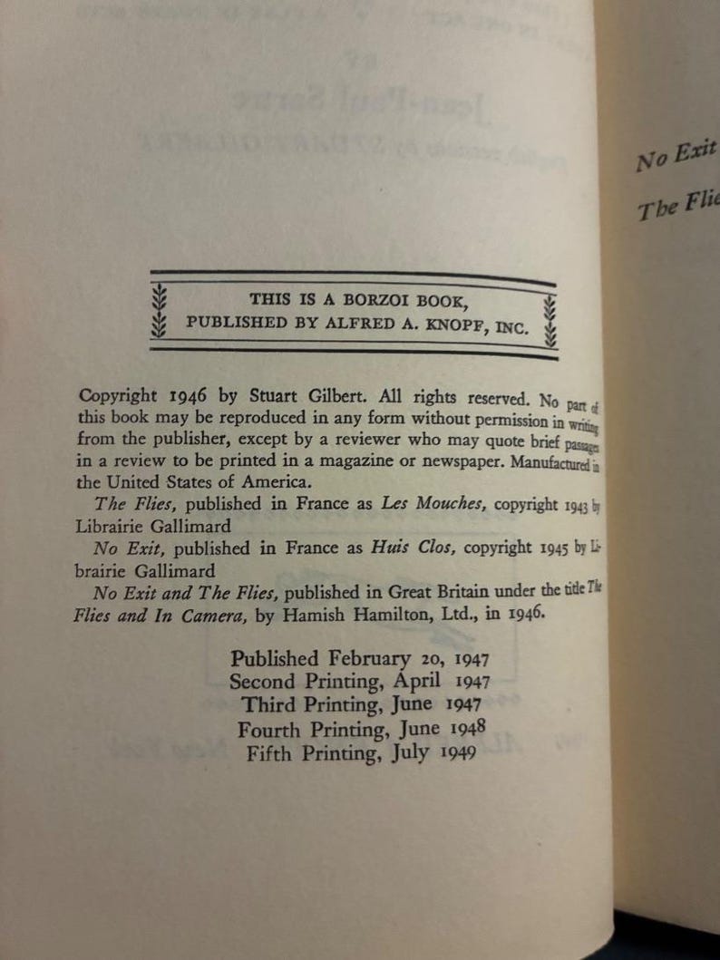 Geen uitweg en de vliegen van Jean-Paul Sartre (vert. Stuart Gilbert) 1949 Eerste editie 5e druk Zeer goede staat afbeelding 6