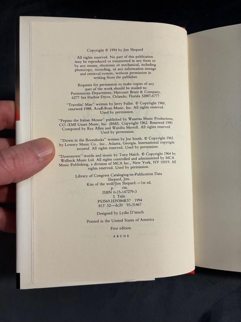 Kiss of the Wolf by Jim Shepard 1994 First Edition First Printing Fine/Near Fine image 3
