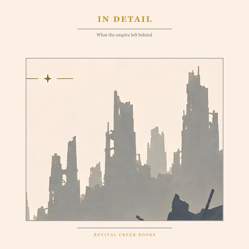 May include: A book cover featuring a pale cream background with the text IN DETAIL, What the empire left behind, and REVIVAL CREEK BOOKS. The central illustration depicts a silhouette of jagged, ruined city towers in shades of gray and beige.