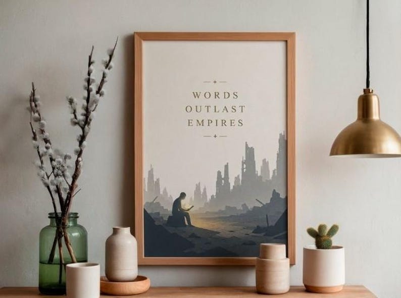 May include: A framed wall art print featuring the text "WORDS OUTLAST EMPIRES" above an illustration of a person sitting in a desolate, ruined landscape. The artwork uses a muted color palette of grays, blues, and soft yellows, encased in a light wood frame.